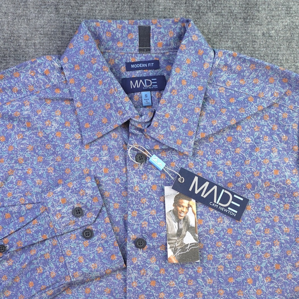New Made Cam‎ Newton Shirt Small Blue Floral Geometric Long Sleeve Button Up